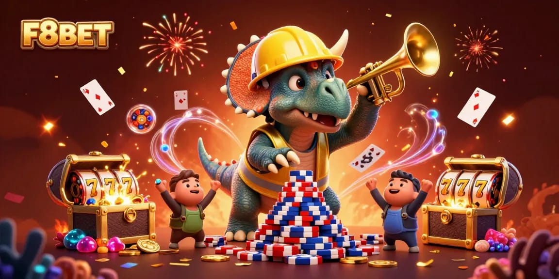 F8BET brings excitement as the triceratops builds poker chips surrounded by casino elements.