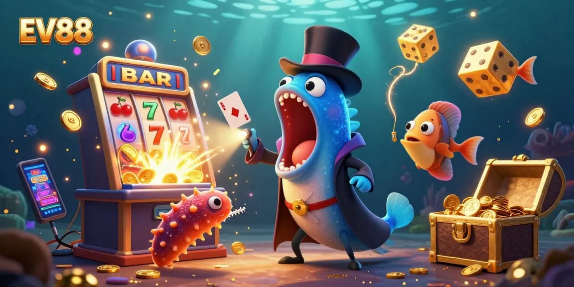 Experience thrilling gambling with EV88's vibrant casino scene featuring dynamic characters and exciting game elements.