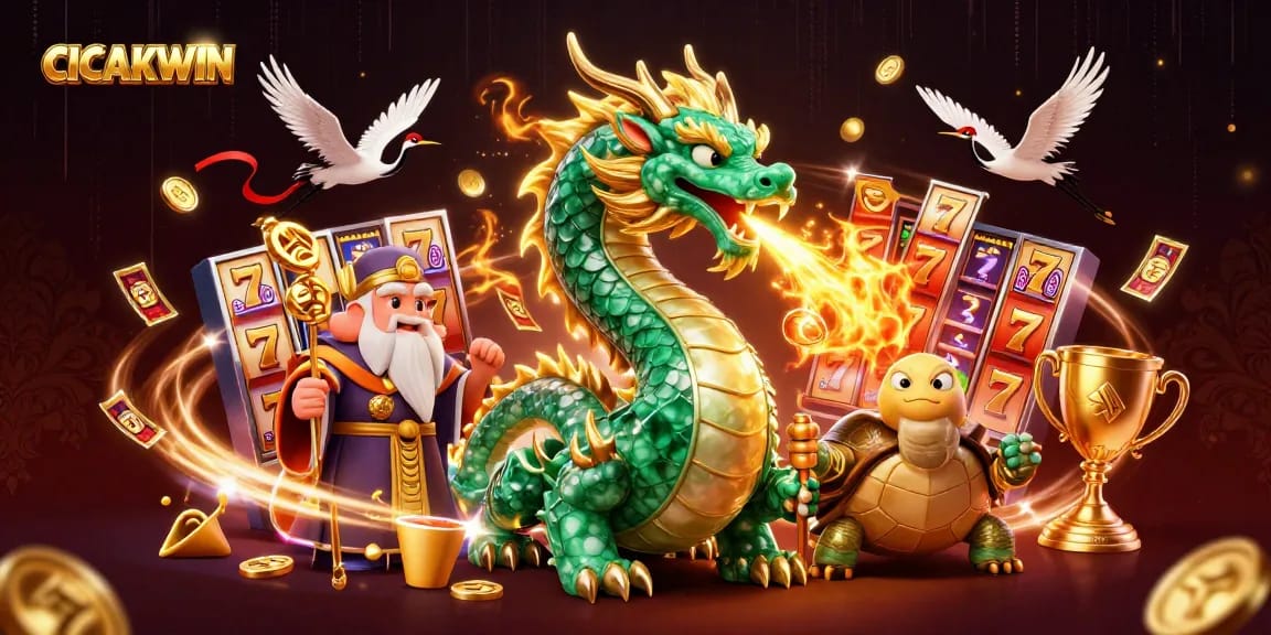 CICAKWIN engages players with thrilling slot reels, showing off a dragon's fiery luck and excitement.