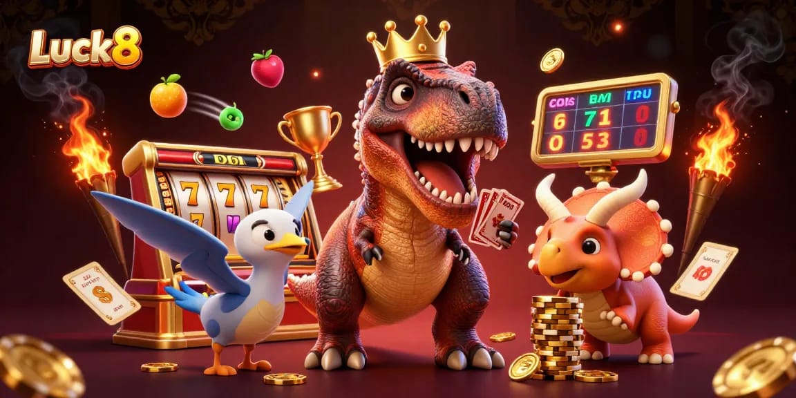 Luck8 casino illustration featuring a cheerful dinosaur character shuffling cards in vibrant casino scene.