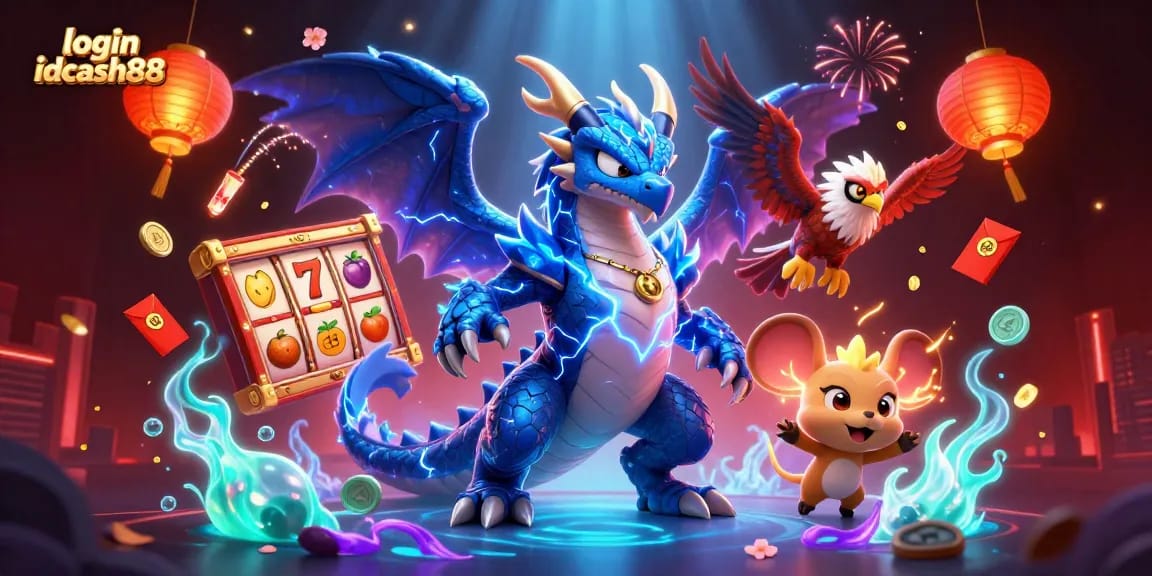 Experience the thrill of login idcash88 with an electrifying 3D casino scene showcasing slot games.