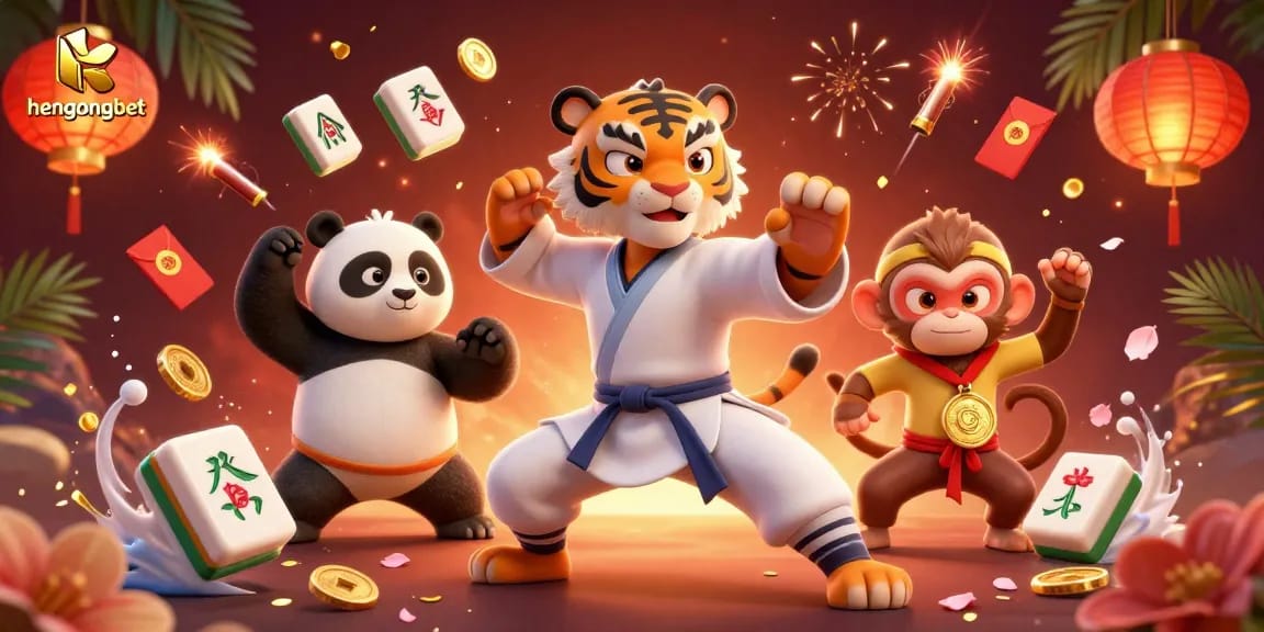 Experience thrilling gameplay at hengongbet with a kung fu tiger master, panda disciple, and a monkey student in a vibrant casino scene.