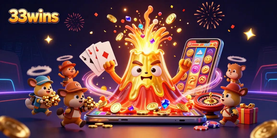 33wins showcases a golden volcano erupting coins and treasure with vibrant casino elements, inviting players to explore.