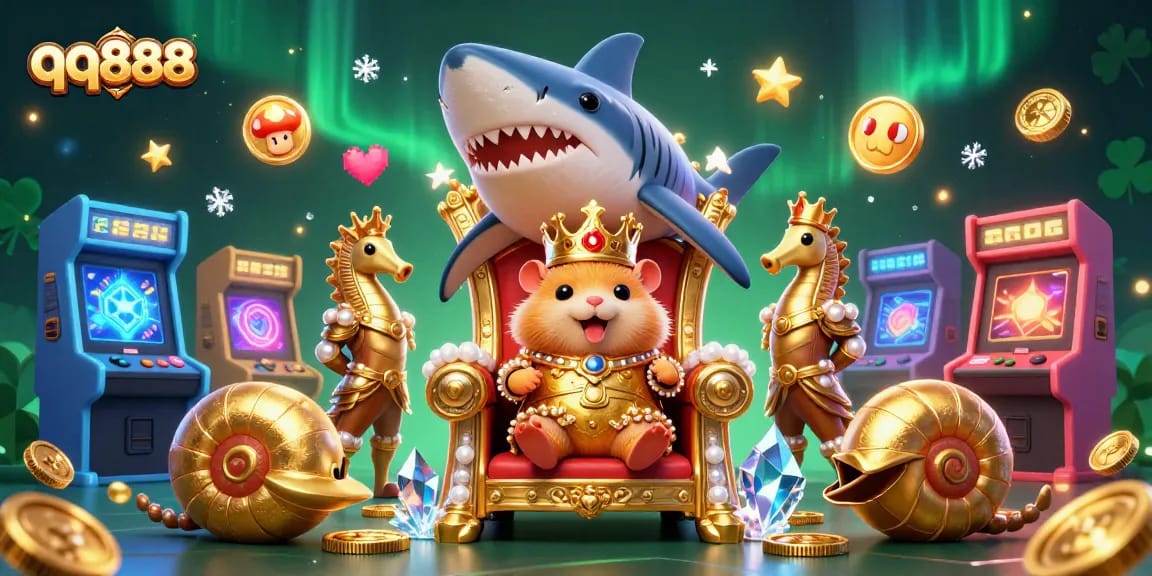 Engage and win big with qq888 at the colorful 3D arcade-themed casino illustration featuring a fierce hamster king.