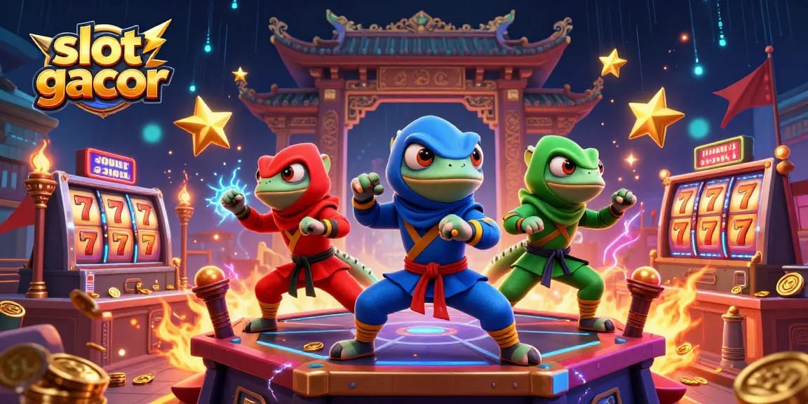 Experience the thrill of slot gacor with dynamic ninja chameleons in a lively casino scene.