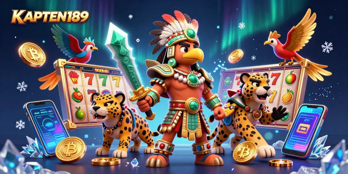 KAPTEN189 menghadirkan suasana bermain slot online dengan karakter petarung Aztec dan simbol yang menggiurkan.
