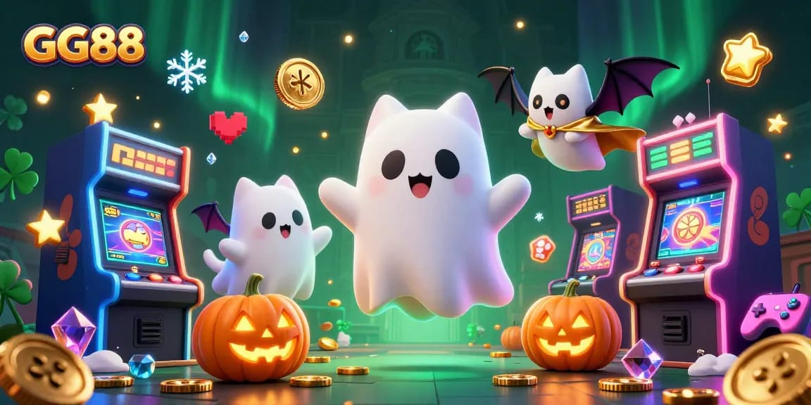 Experience the exciting world of GG88 with a friendly ghost cat and a vampire bat in a haunted casino