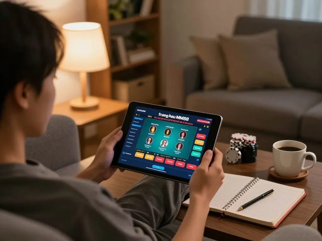 Engaging in online gaming at trang chủ MM88 while tracking betting strategies at home.