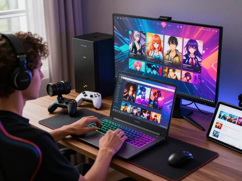 Player enjoying immersive HTML porn games on a sleek gaming laptop in a vibrant gaming setup.