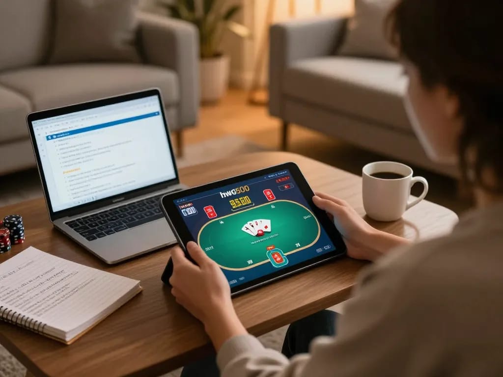 Engaging poker gameplay at hwg500 displayed on a tablet in a cozy home setting.