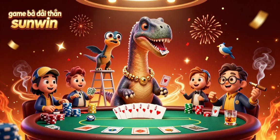Engage in thrilling game bài đổi thưởng sunwin with a brontosaurus and raptor at the poker table.
