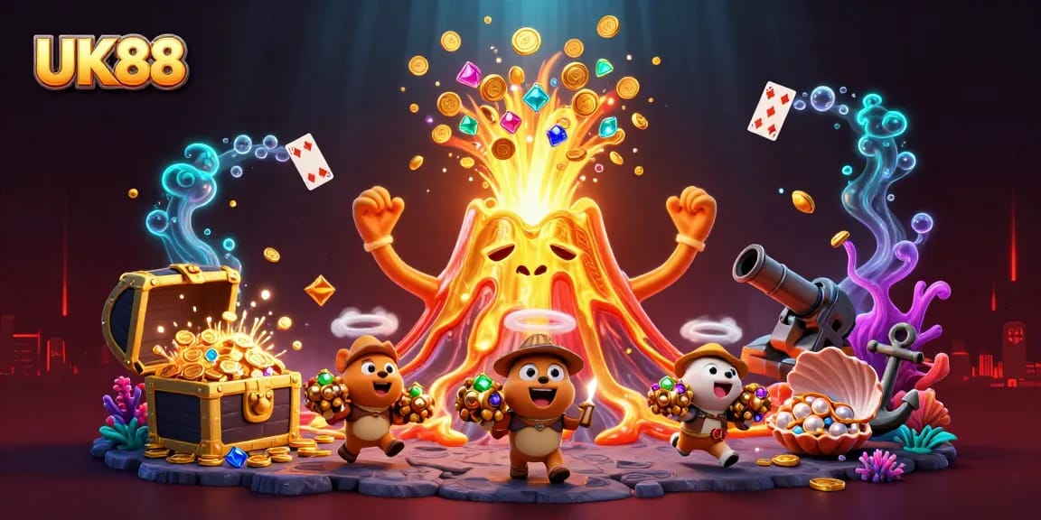 Win big with UK88’s dazzling 3D casino scene, featuring treasures and thrilling gameplay.
