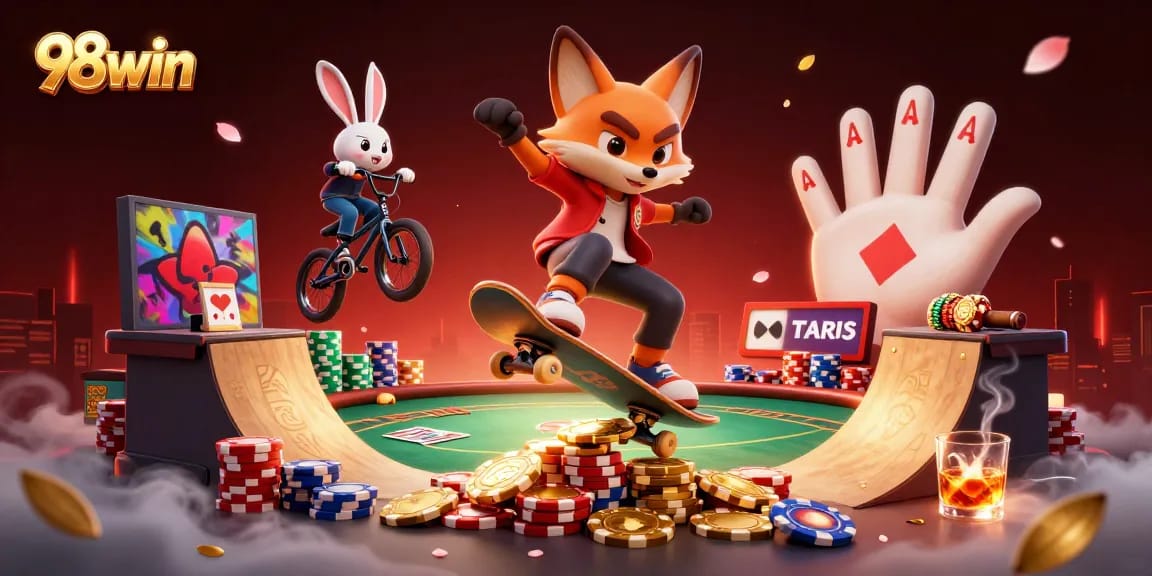 Immerse in vibrant action with 98win as animated characters showcase dynamic casino gaming scene.