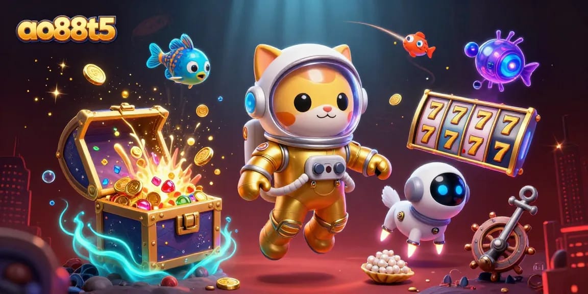 Engage with ao88t5 in a vibrant 3D casino scene filled with treasures, slot reels, and animated characters.