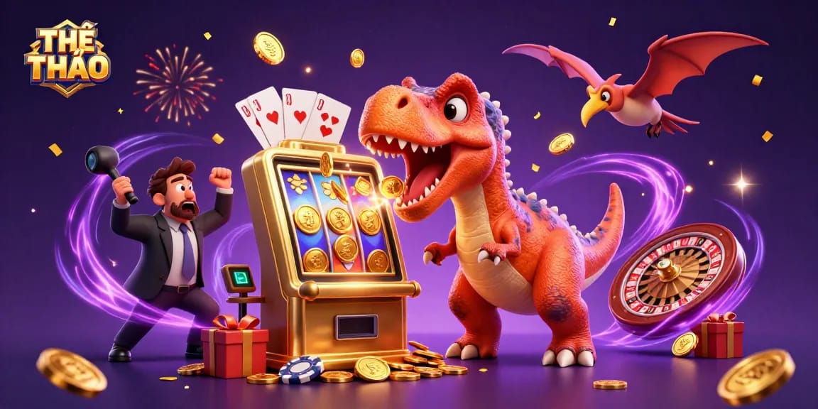 THỂ THAO celebrates a jackpot scene with vibrant slot machines and dynamic casino elements