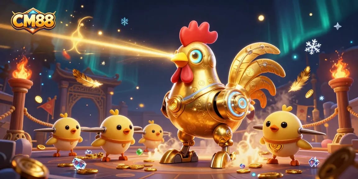 Experience exciting gaming with CM88's dynamic scene featuring a golden rooster robot and baby chick drones.
