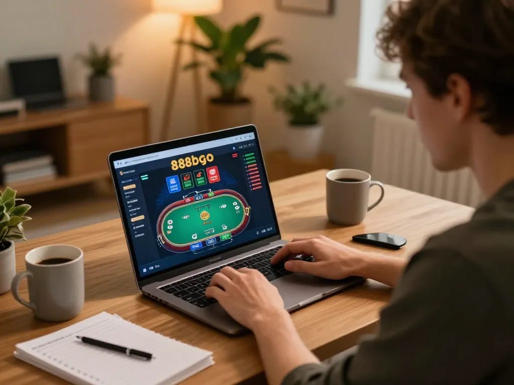 Engaging in online poker using the 888bgo platform at home, showcasing a modern gaming setup with warm lighting.