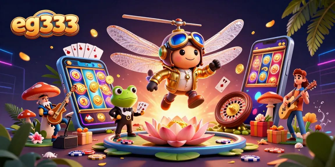 Engage with exciting slot games at eg333, featuring unique characters and vibrant casino scenes.