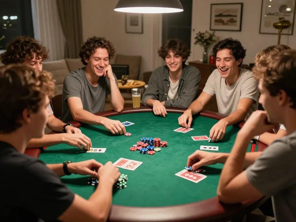 B52 Club home poker night with friends enjoying a game, chips and cards visible, competitive atmosphere.