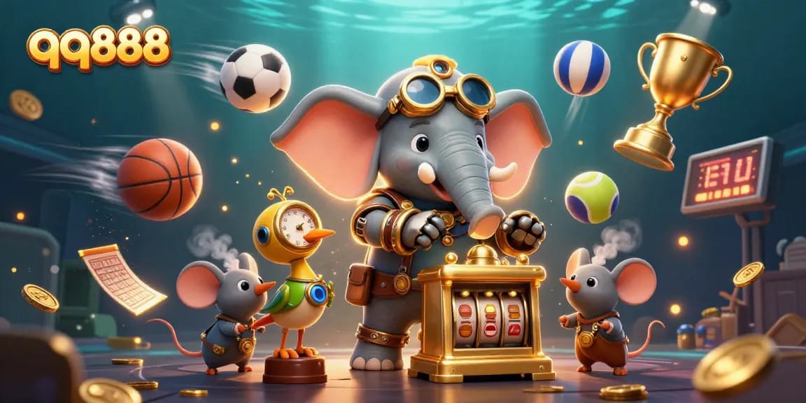 Experience thrilling gameplay at qq888 with a vibrant scene capturing our steampunk elephant and dynamic sports elements.