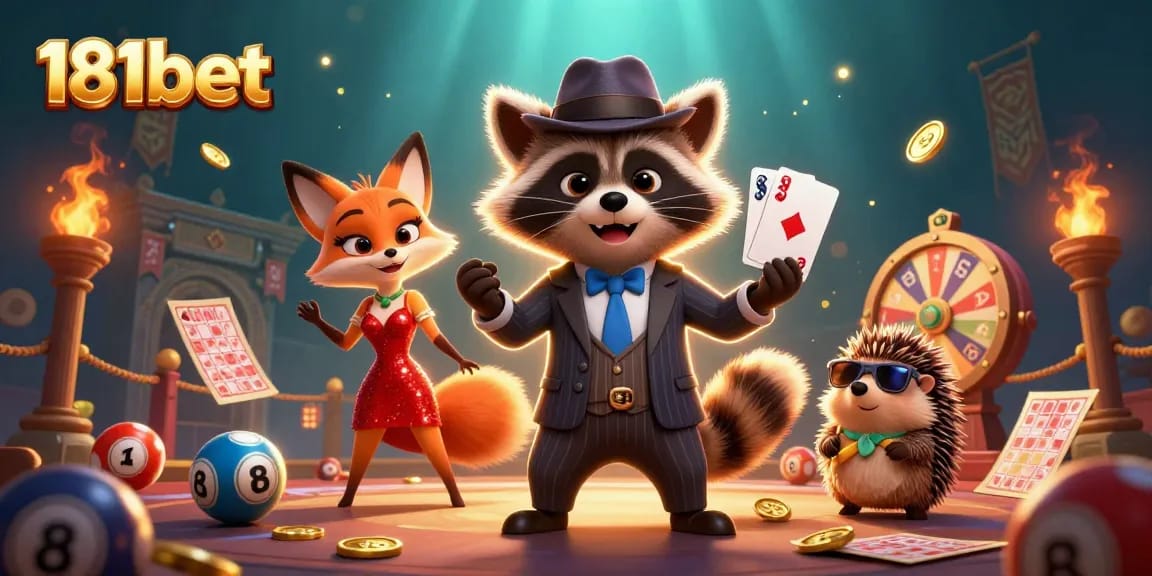 Experience the excitement of 181bet with charming characters in a vibrant casino scene filled with lottery elements.