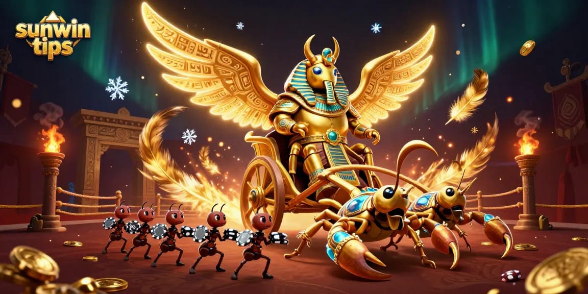Engage with sunwin tips for casino strategies featuring a golden scarab beetle and vibrant game elements.