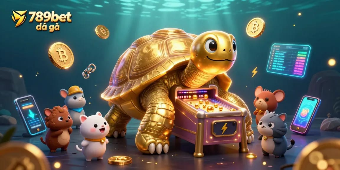 Excited animals playing the 789bet đá gà game in a dazzling casino scene filled with crypto elements.