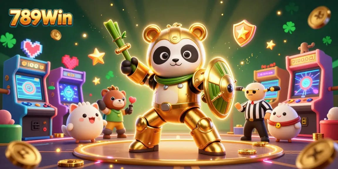 Engage with the thrilling universe of 789Win as a panda pilot battles in a vibrant casino arena.