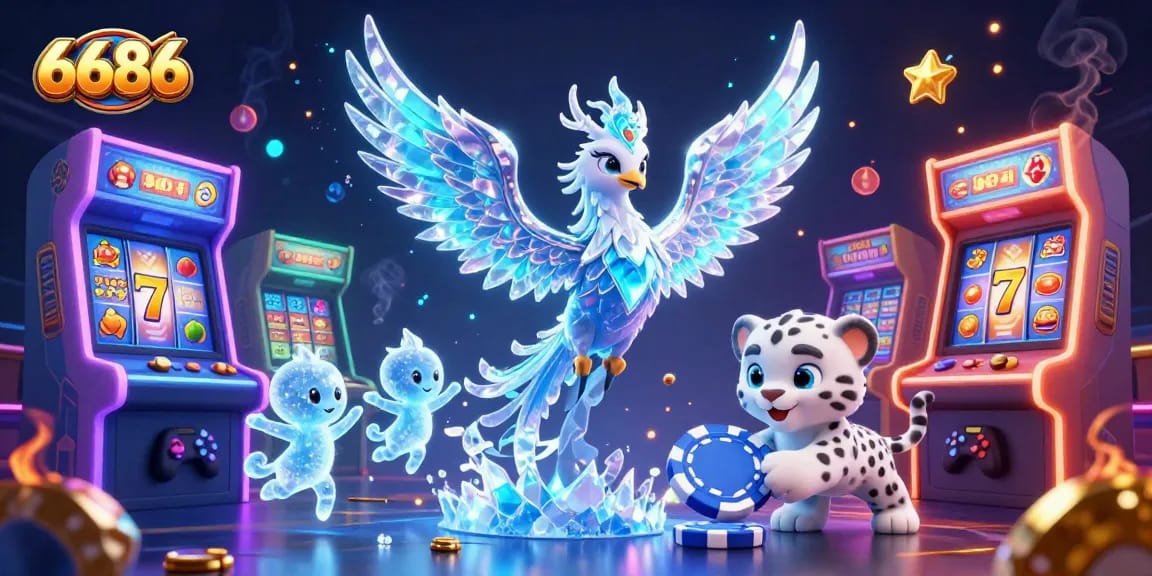 Experience thrilling gaming adventures with 6686 featuring an ice phoenix, casino elements, and vibrant graphics.