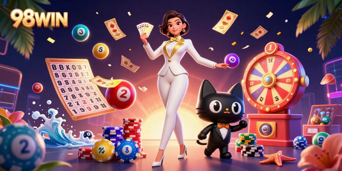 Experience the excitement of 98WIN casino games with a glamorous dealer and vibrant gaming elements.