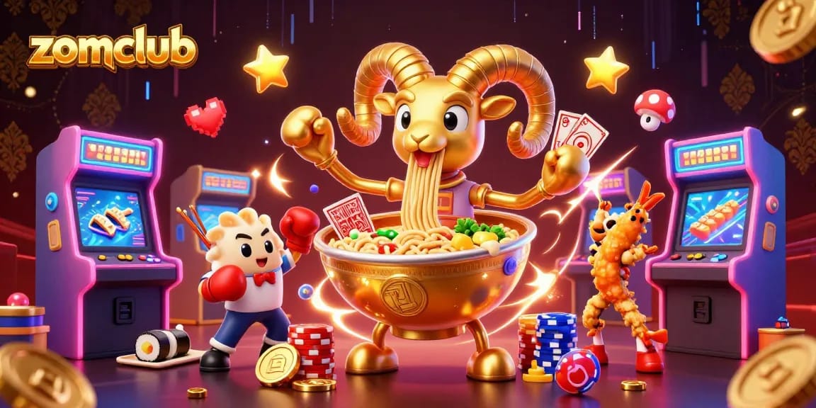 Experience the excitement of zomclub with a dynamic casino scene featuring unique gaming characters and vibrant visuals.