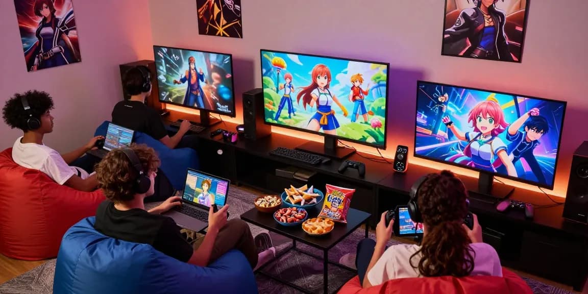 Engaging scene of friends playing free hentai games in a cozy gaming nook.