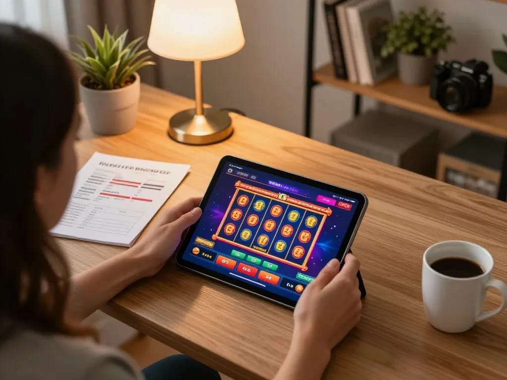 Engaging in online gambling with Sunwin app displayed on a tablet, showcasing responsible gaming environment.