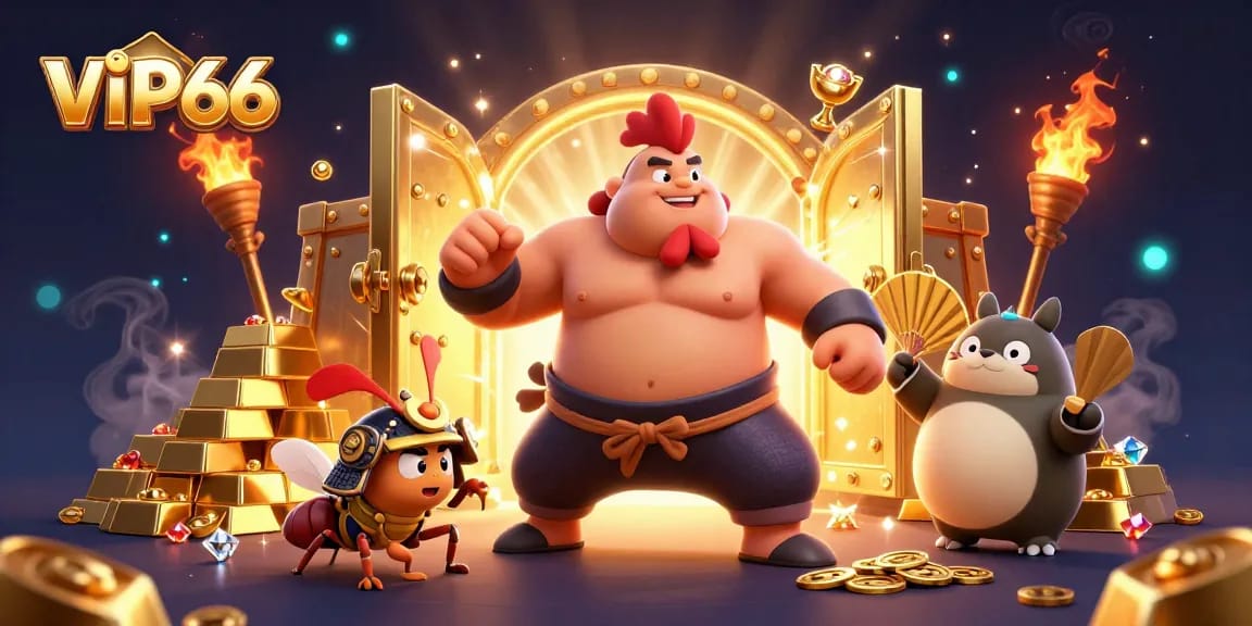 Experience VIP66 thrills with powerful characters in a dynamic casino scene filled with treasures.