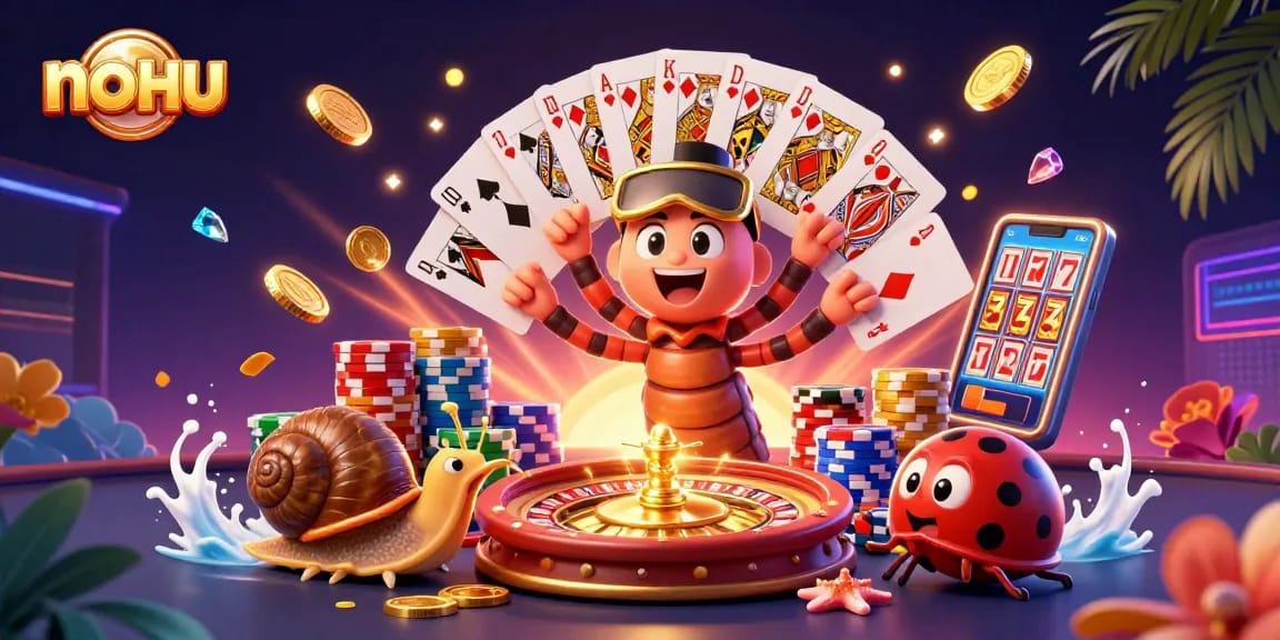 Nohu captures the excitement with a millipede dealer and a high-roller snail in a vibrant casino scene.