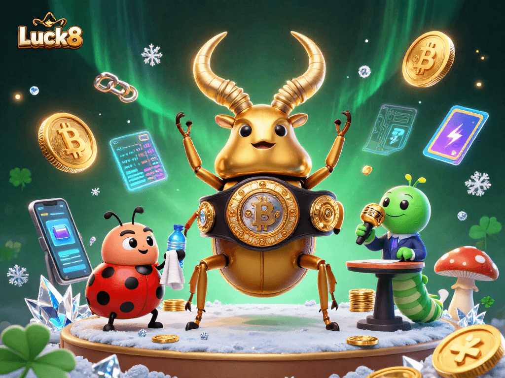 Join the winning action at Luck8, featuring a vibrant 3D scene with cartoon characters in a casino setting.