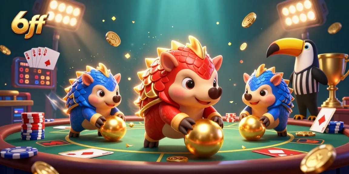 Engage in exciting poker action with 6ff's lively pangolin characters amidst chips and dynamic competitions.