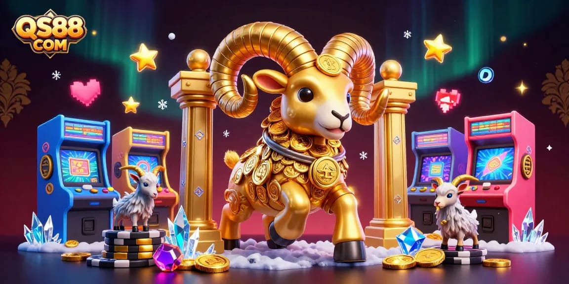 Experience endless excitement with QS88 COM's vibrant 3D casino illustration featuring golden ram and arcade elements.