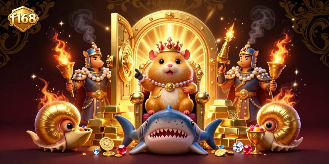 Experience the excitement of f168 with a golden hamster king on a megalodon throne, surrounded by treasure and royal seahorse guards.