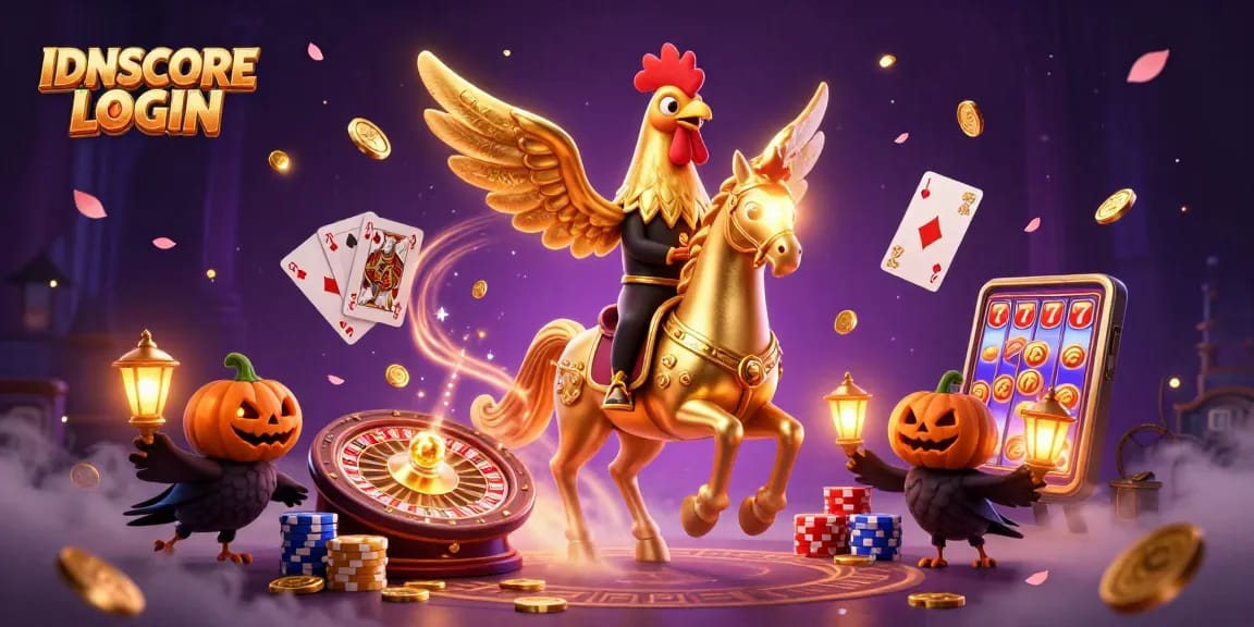 IDNSCORE LOGIN features a dynamic casino scene with a golden rooster, coins, and gaming elements.