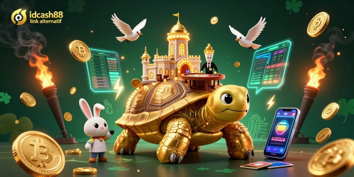 Experience thrilling wins at idcash88 link alternatif with a vibrant 3D casino scene featuring a golden tortoise casino and a rabbit dealer.