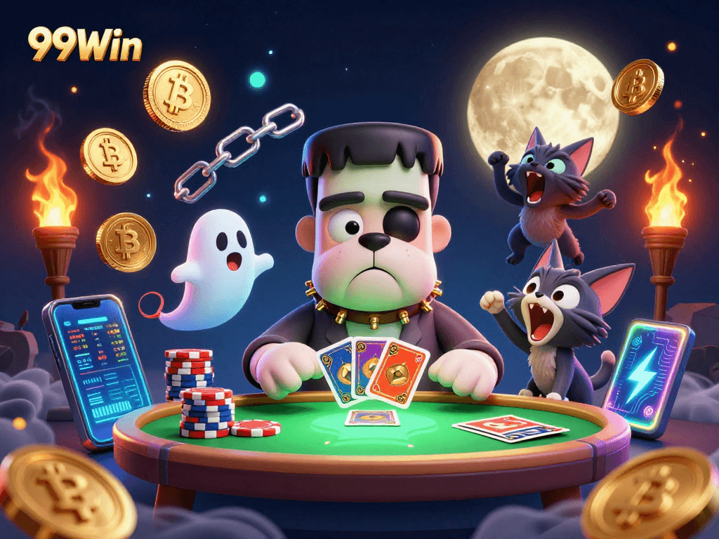 Engage in thrilling gameplay at 99Win with a unique casino scene featuring vibrant characters and crypto elements.