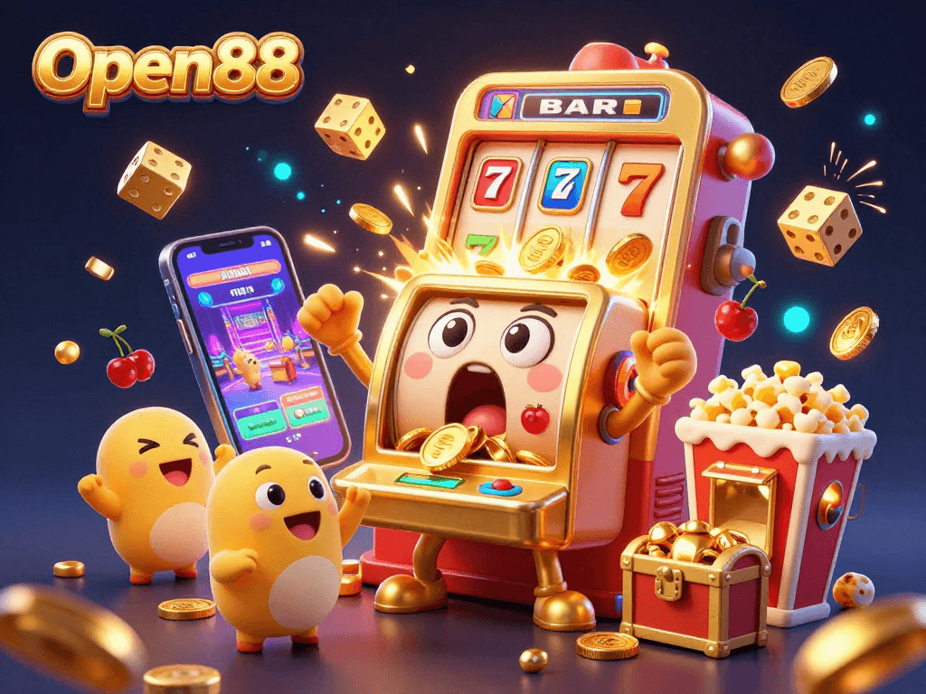Open88's exciting jackpot celebration with a cartoon slot machine and vibrant casino elements.