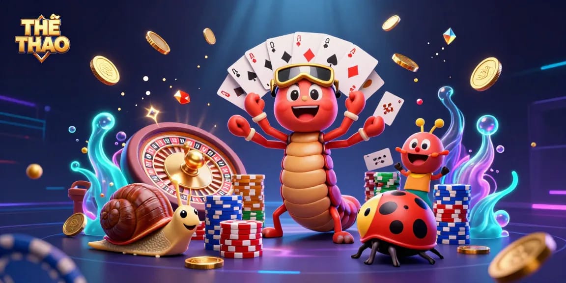 Experience the excitement of THỂ THAO with a dynamic casino scene featuring a cartoon dealer and vibrant gaming elements.