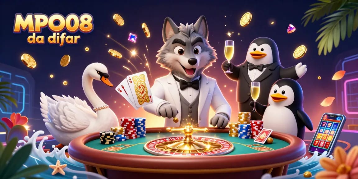 Win big with MPO08 daftar at this dynamic casino illustration featuring fun characters and thrilling games.