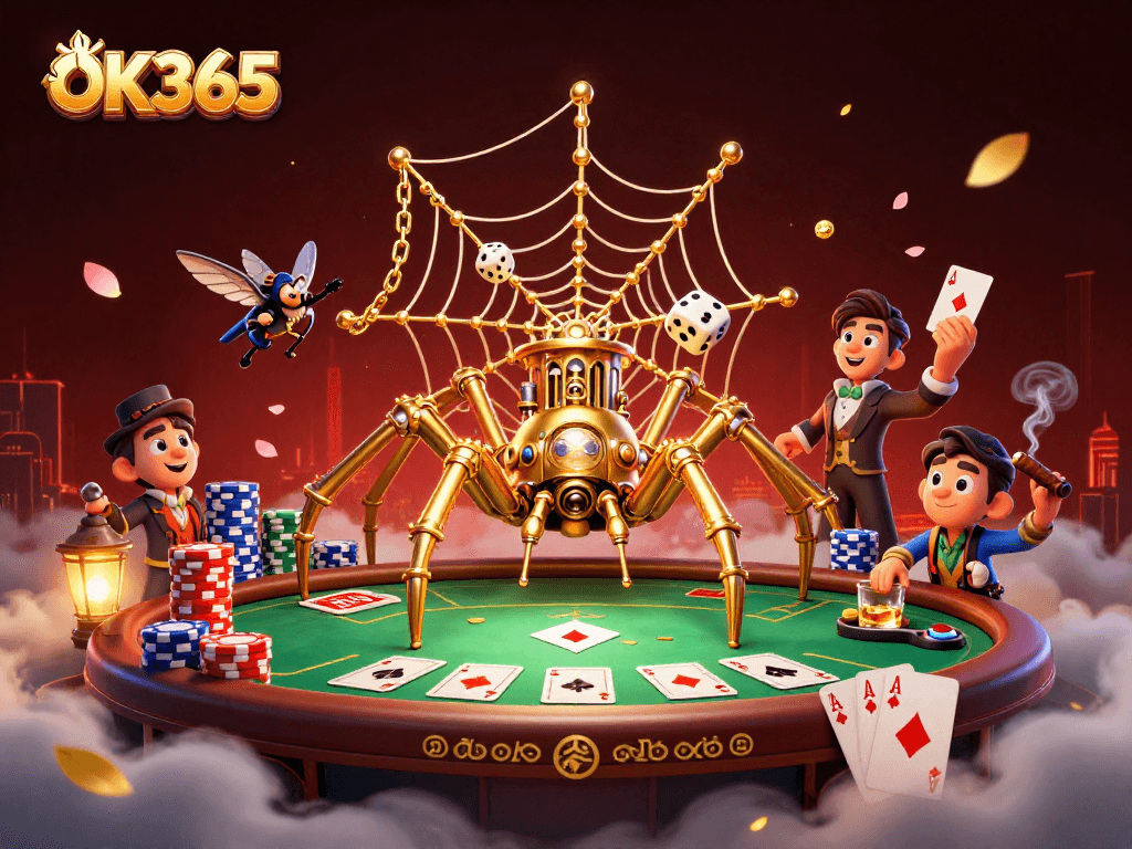 Capture the excitement of OK365 with a steampunk spider ensnaring dice in a lavish casino scene.