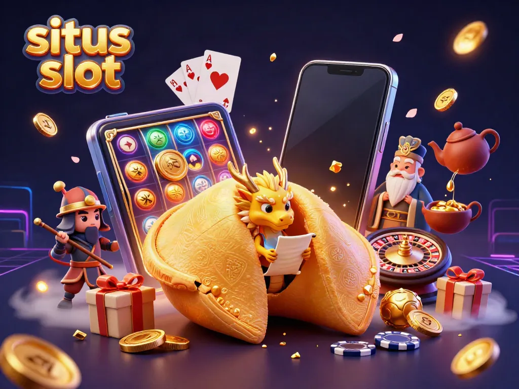 Engage with situs slot through vibrant 3D illustration depicting a golden fortune cookie, dragon, and slot game elements.