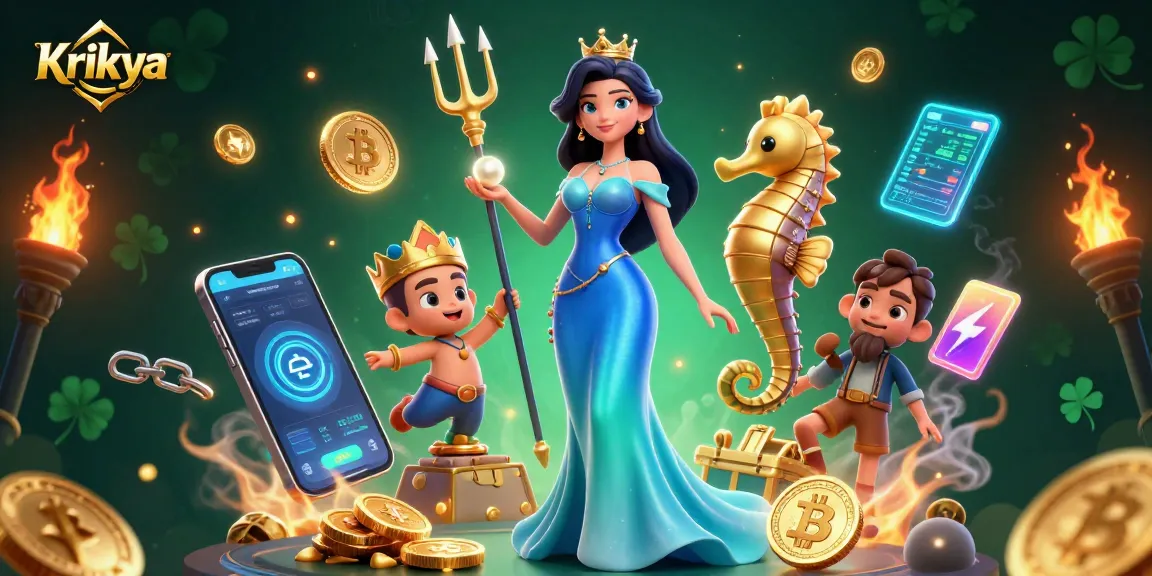 Krikya offers thrilling gameplay with a enchanting woman and seahorse king amidst crypto treasures.