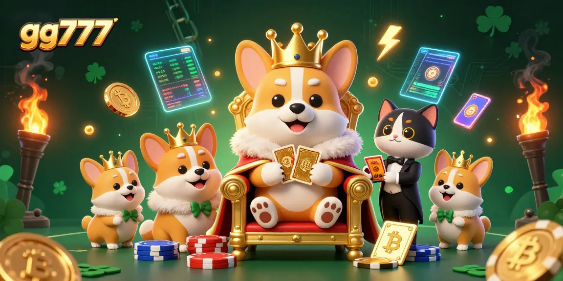 Engage in thrilling gameplay with gg777 as royal corgi oversees a vibrant casino scene.