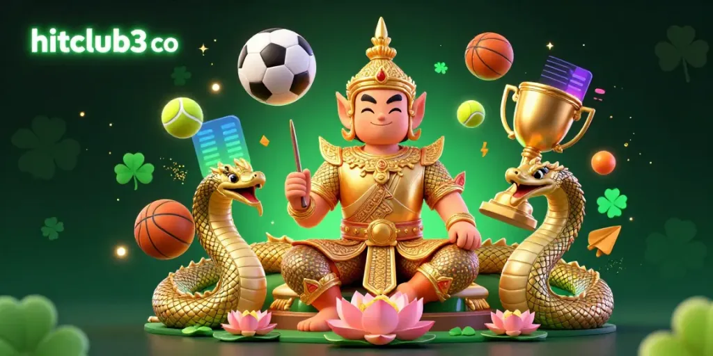 Hitclub3 co brings excitement with a friendly yaksha guardian and dynamic sports elements in an online casino scene.